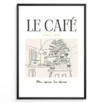 Ladda upp bild till gallerivisning, Minimalist illustration of a Parisian café with tables, plants, and barista, text reading “Le Café Since 1996 – More espresso, less depresso,” framed in black.
