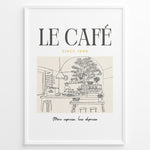 Ladda upp bild till gallerivisning, Minimalist illustration of a Parisian café with tables, plants, and barista, text reading “Le Café Since 1996 – More espresso, less depresso,” framed in white.
