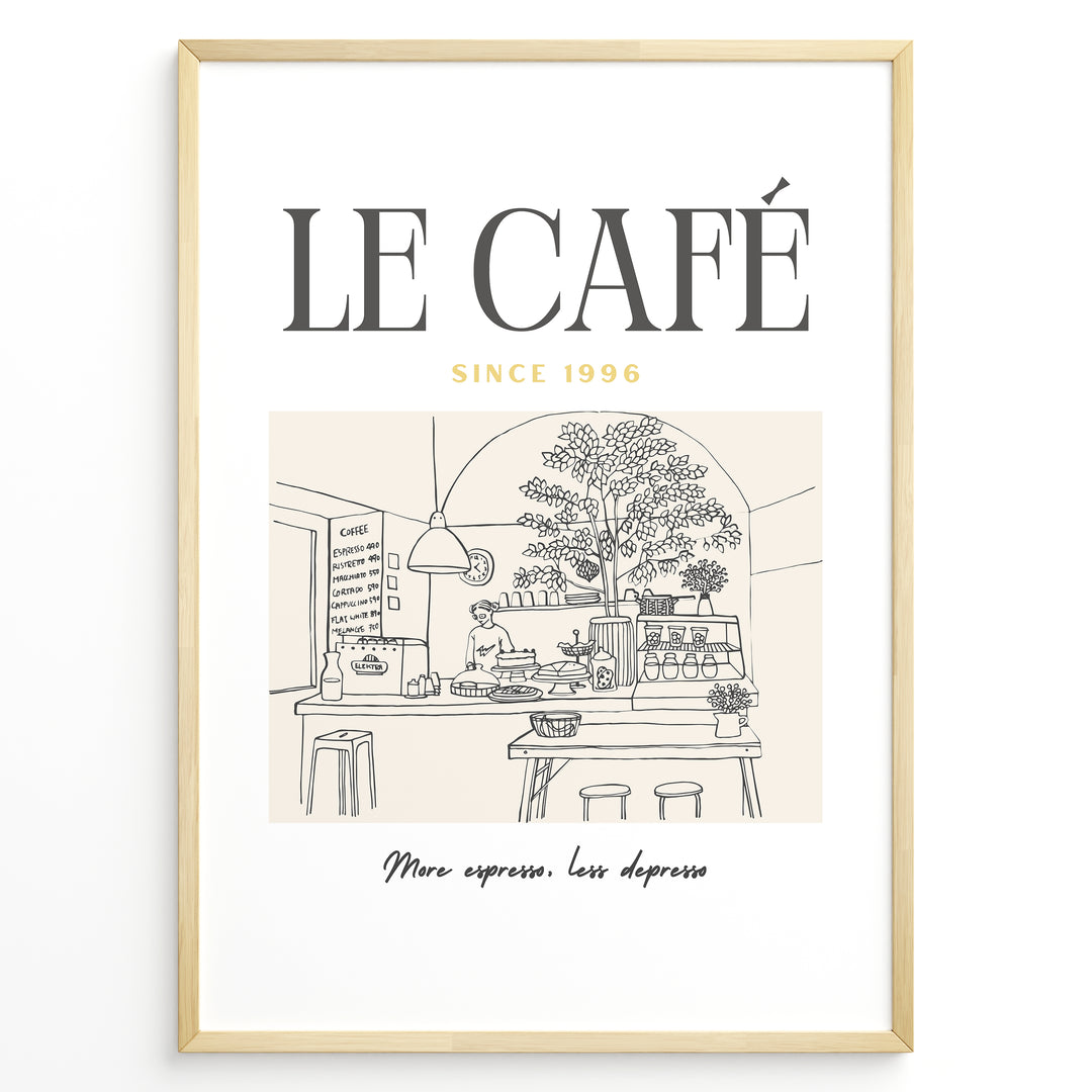 Minimalist illustration of a Parisian café with tables, plants, and barista, text reading “Le Café Since 1996 – More espresso, less depresso,” framed in golden.