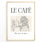 Ladda upp bild till gallerivisning, Minimalist illustration of a Parisian café with tables, plants, and barista, text reading “Le Café Since 1996 – More espresso, less depresso,” framed in golden.
