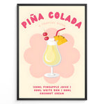 Ladda upp bild till gallerivisning, Colorful Piña Colada cocktail poster with pineapple slice, cherries, and recipe text on a cream background, framed as tropical kitchen or bar wall art.
