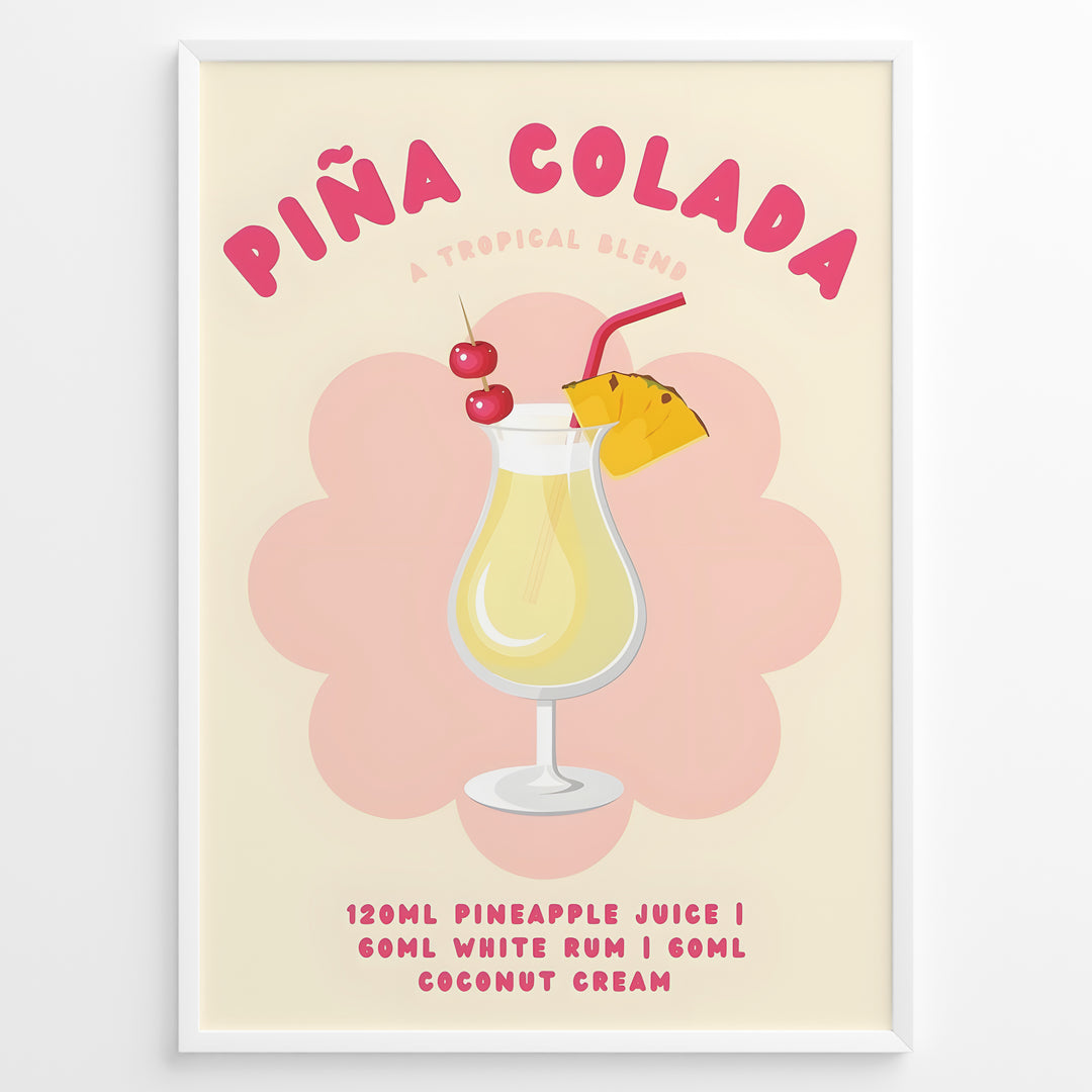 Colorful Piña Colada cocktail poster with pineapple slice, cherries, and recipe text on a cream background, framed as tropical kitchen or bar wall art.