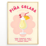 Ladda upp bild till gallerivisning, Colorful Piña Colada cocktail poster with pineapple slice, cherries, and recipe text on a cream background, framed as tropical kitchen or bar wall art.
