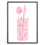 Ladda upp bild till gallerivisning, Art poster of tiny swimmers inside a pink lemonade bottle with a striped straw and lemon slice, framed as modern summer wall décor.
