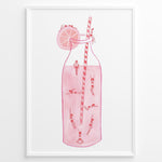 Ladda upp bild till gallerivisning, Art poster of tiny swimmers inside a pink lemonade bottle with a striped straw and lemon slice, framed as modern summer wall décor.
