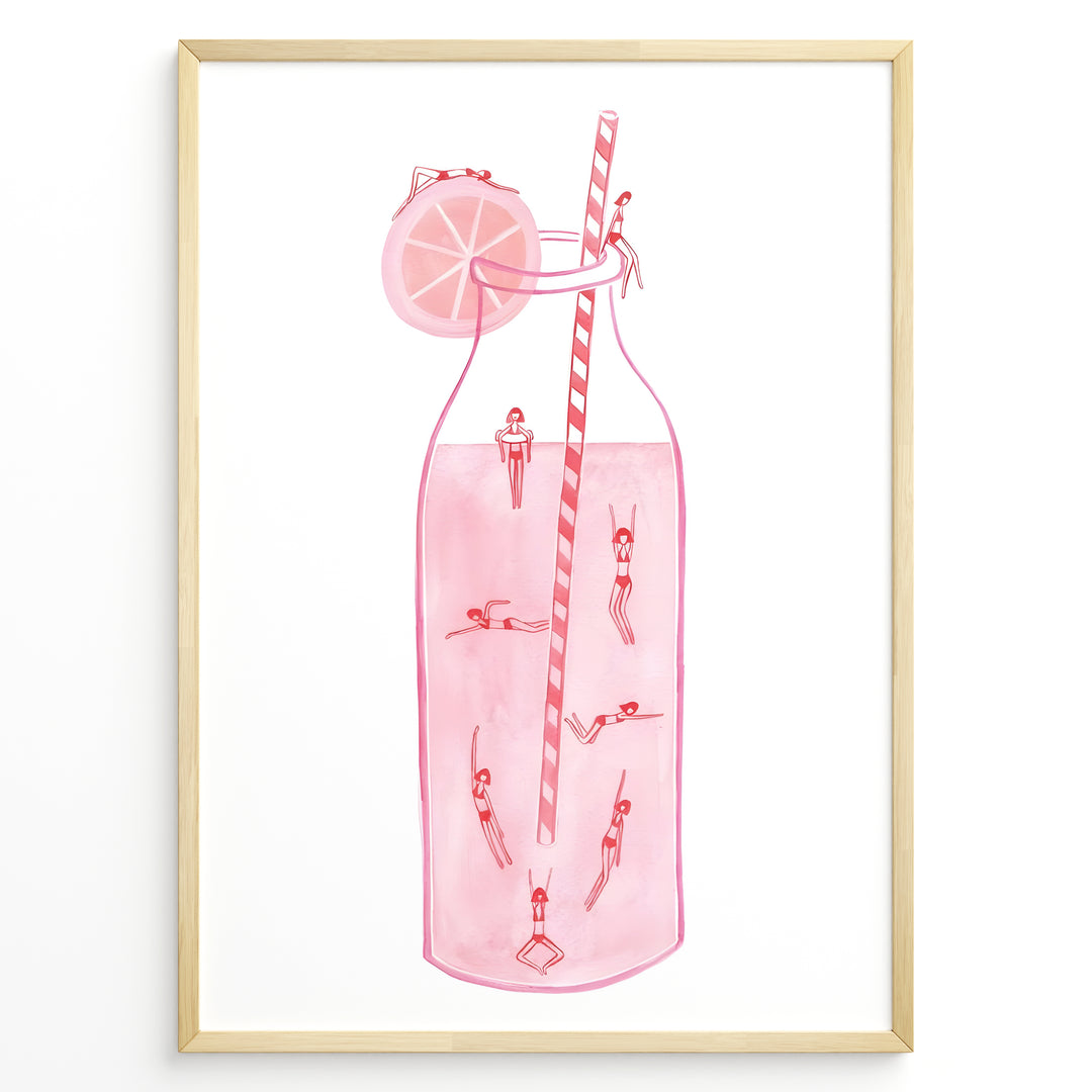 Art poster of tiny swimmers inside a pink lemonade bottle with a striped straw and lemon slice, framed as modern summer wall décor.