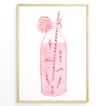 Ladda upp bild till gallerivisning, Art poster of tiny swimmers inside a pink lemonade bottle with a striped straw and lemon slice, framed as modern summer wall décor.
