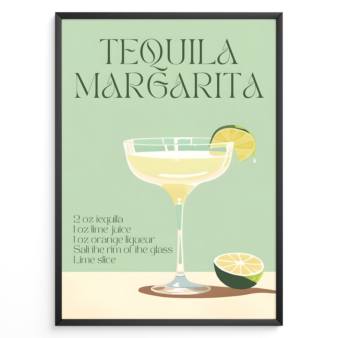Tequila Margarita poster with a cocktail glass, lime slice, and recipe text on a mint green background, framed as modern kitchen or bar wall art.