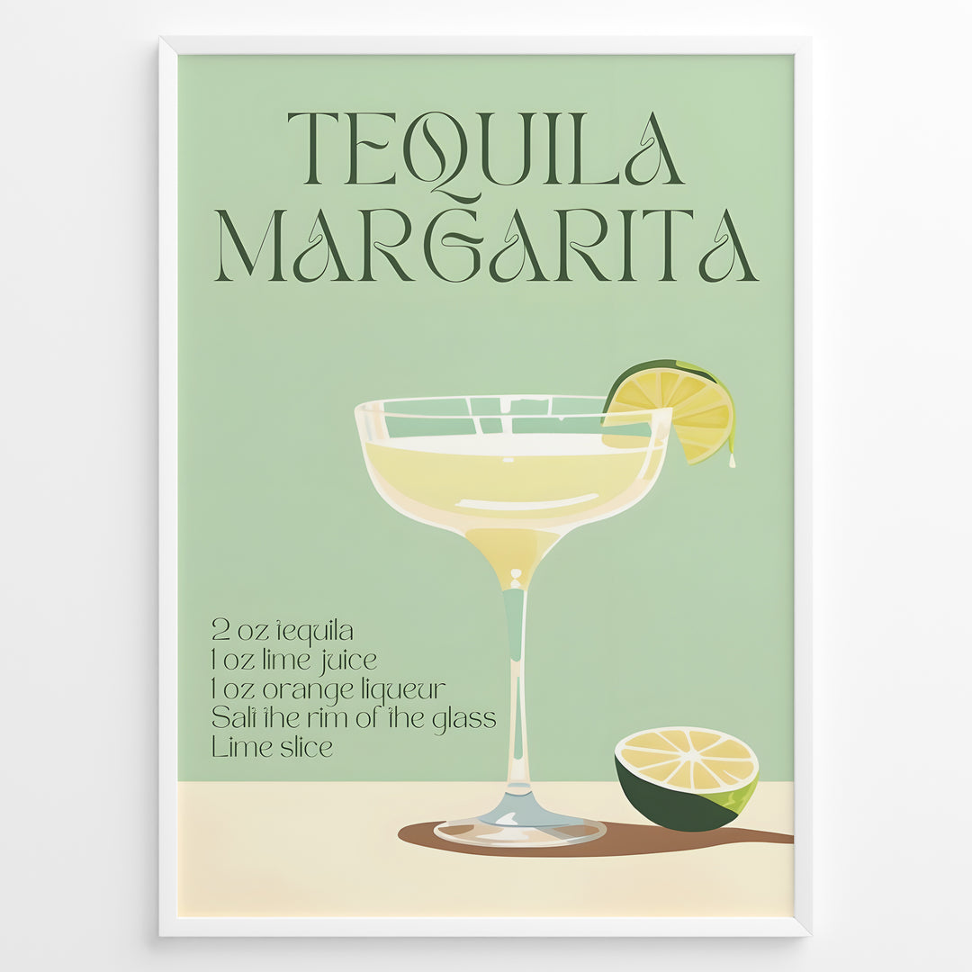 Tequila Margarita poster with a cocktail glass, lime slice, and recipe text on a mint green background, framed as modern kitchen or bar wall art.