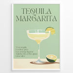 Ladda upp bild till gallerivisning, Tequila Margarita poster with a cocktail glass, lime slice, and recipe text on a mint green background, framed as modern kitchen or bar wall art.
