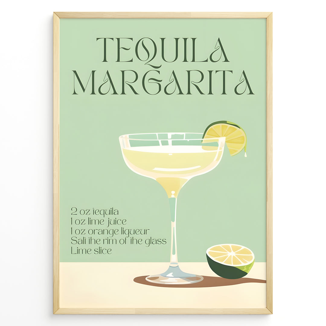 Tequila Margarita poster with a cocktail glass, lime slice, and recipe text on a mint green background, framed as modern kitchen or bar wall art.