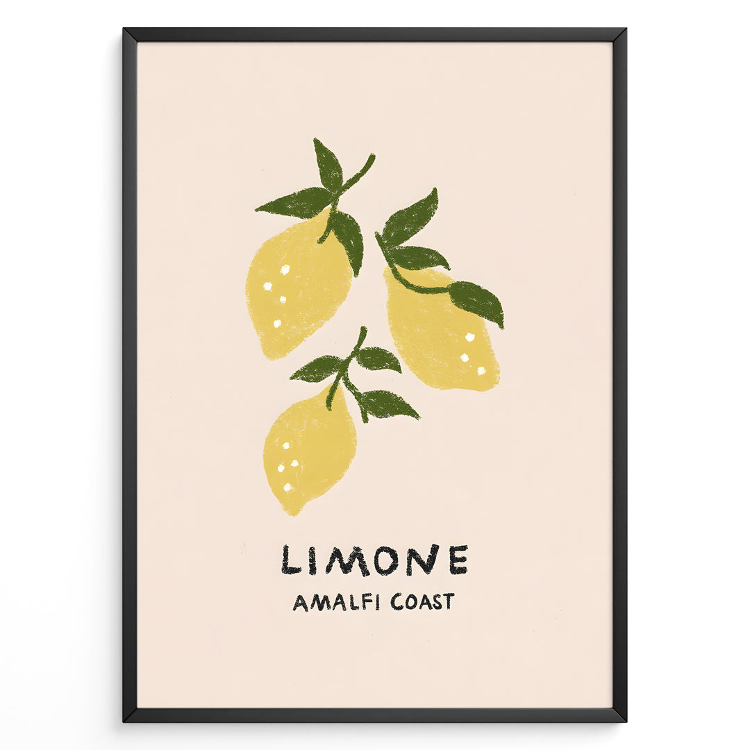 Minimalist Limone Amalfi Coast poster with hand-drawn yellow lemons and green leaves on a light background, framed as Italian kitchen wall art.