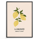 Ladda upp bild till gallerivisning, Minimalist Limone Amalfi Coast poster with hand-drawn yellow lemons and green leaves on a light background, framed as Italian kitchen wall art.
