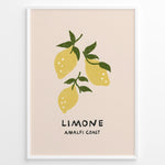 Ladda upp bild till gallerivisning, Minimalist Limone Amalfi Coast poster with hand-drawn yellow lemons and green leaves on a light background, framed as Italian kitchen wall art.
