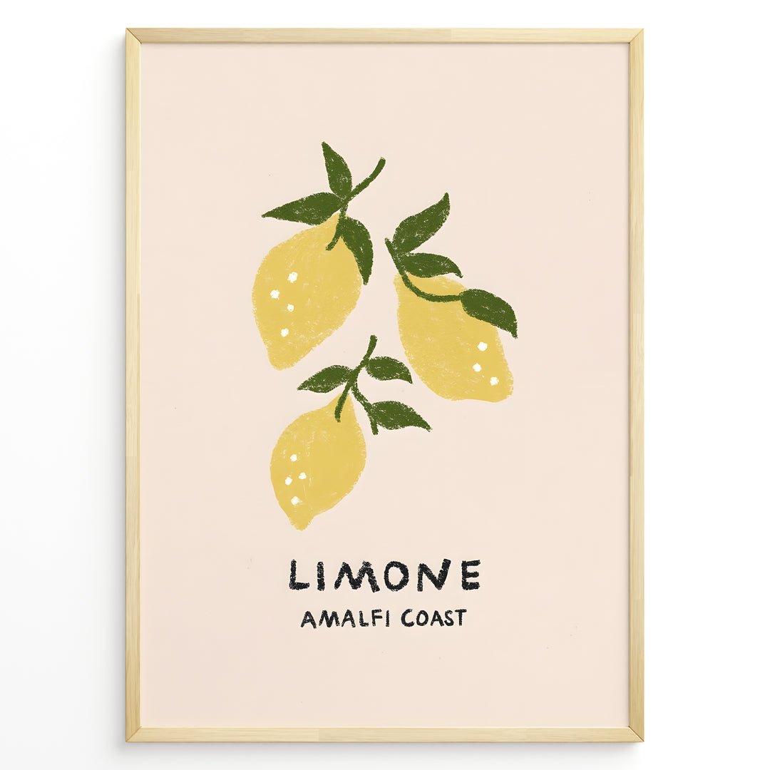 Minimalist Limone Amalfi Coast poster with hand-drawn yellow lemons and green leaves on a light background, framed as Italian kitchen wall art.