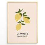 Ladda upp bild till gallerivisning, Minimalist Limone Amalfi Coast poster with hand-drawn yellow lemons and green leaves on a light background, framed as Italian kitchen wall art.
