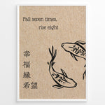 Ladda upp bild till gallerivisning, Japanese motivational print with two koi fish, the quote “Fall seven times, rise eight,” and kanji characters on a textured background.
