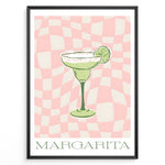 Ladda upp bild till gallerivisning, Retro-style Margarita cocktail poster featuring a green drink with a lime slice on a pink and cream checkered background, framed as modern kitchen or bar wall art.
