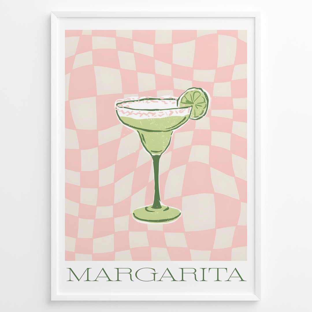 Retro-style Margarita cocktail poster featuring a green drink with a lime slice on a pink and cream checkered background, framed as modern kitchen or bar wall art.