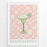 Ladda upp bild till gallerivisning, Retro-style Margarita cocktail poster featuring a green drink with a lime slice on a pink and cream checkered background, framed as modern kitchen or bar wall art.
