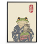 Ladda upp bild till gallerivisning, Japanese-style illustration of a frog in a kimono holding a smiling cat, with a red kanji good fortune symbol.
