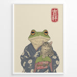 Ladda upp bild till gallerivisning, Japanese-style illustration of a frog in a kimono holding a smiling cat, with a red kanji good fortune symbol.
