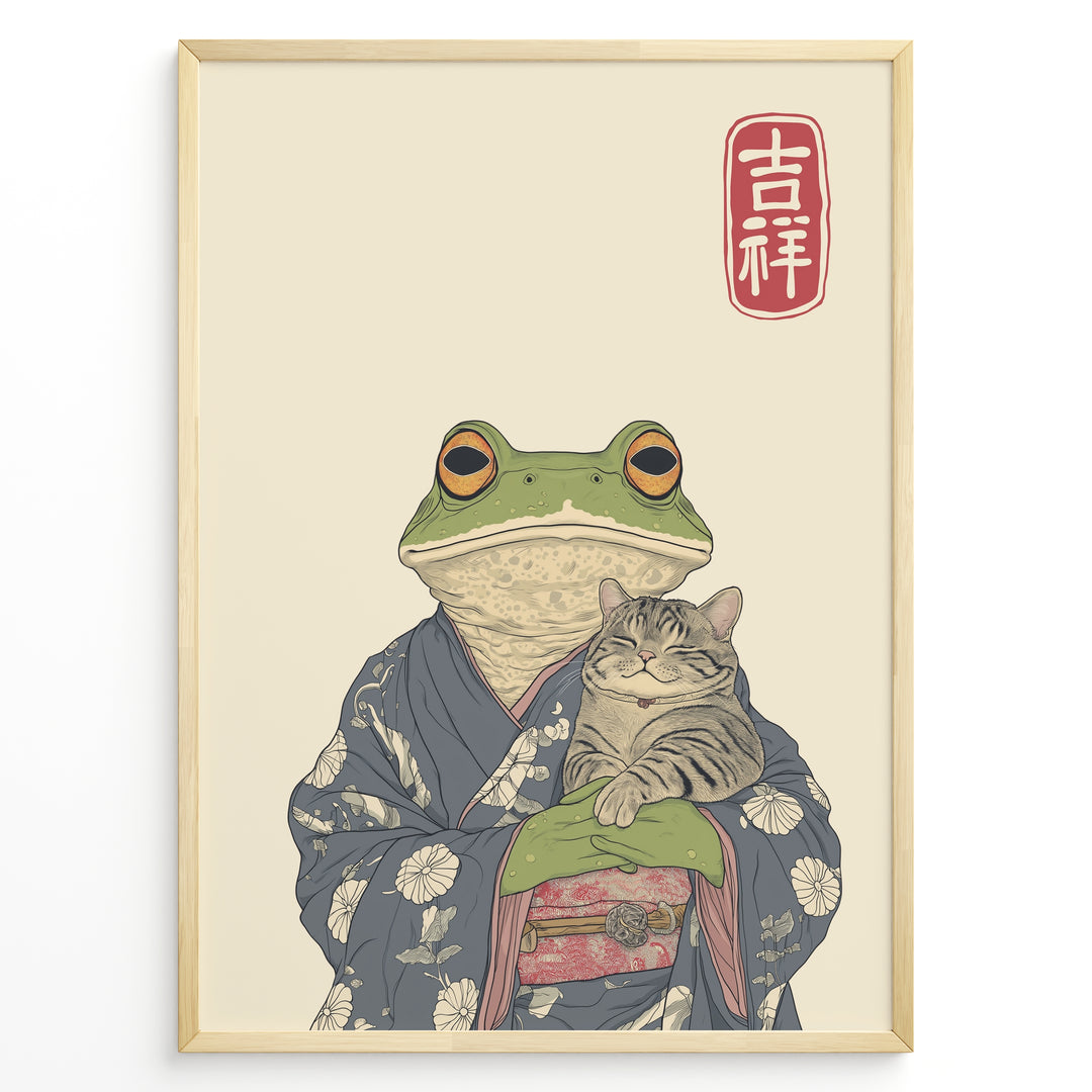 Japanese-style illustration of a frog in a kimono holding a smiling cat, with a red kanji good fortune symbol.