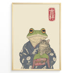 Ladda upp bild till gallerivisning, Japanese-style illustration of a frog in a kimono holding a smiling cat, with a red kanji good fortune symbol.

