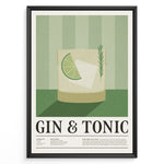 Ladda upp bild till gallerivisning, Minimalist Gin &amp; Tonic poster featuring a cocktail glass with lime slice, ice cube, and rosemary sprig on a green striped background, framed as bar or kitchen wall art.
