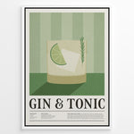 Ladda upp bild till gallerivisning, Minimalist Gin &amp; Tonic poster featuring a cocktail glass with lime slice, ice cube, and rosemary sprig on a green striped background, framed as bar or kitchen wall art.
