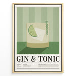 Ladda upp bild till gallerivisning, Minimalist Gin &amp; Tonic poster featuring a cocktail glass with lime slice, ice cube, and rosemary sprig on a green striped background, framed as bar or kitchen wall art.
