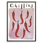 Ladda upp bild till gallerivisning, Modern poster featuring red chillies with green stems on a mauve background, framed as minimalist kitchen wall art.
