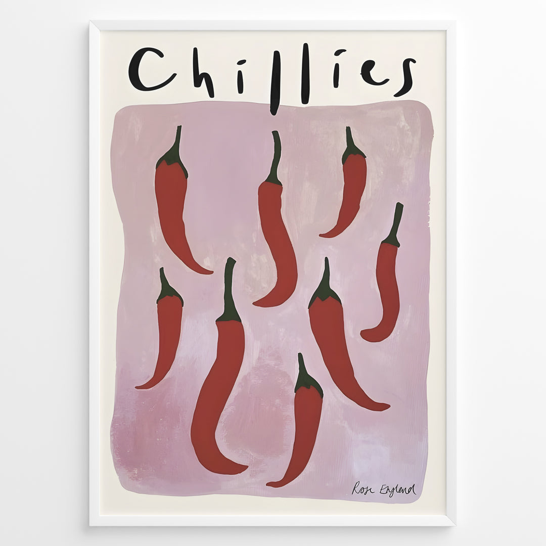 Modern poster featuring red chillies with green stems on a mauve background, framed as minimalist kitchen wall art.