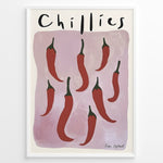 Ladda upp bild till gallerivisning, Modern poster featuring red chillies with green stems on a mauve background, framed as minimalist kitchen wall art.
