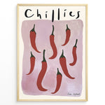 Ladda upp bild till gallerivisning, Modern poster featuring red chillies with green stems on a mauve background, framed as minimalist kitchen wall art.
