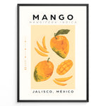 Ladda upp bild till gallerivisning, Modern mango poster featuring whole and sliced mangoes with “Mango – Jalisco, México” text on a yellow background, framed as tropical kitchen wall art.
