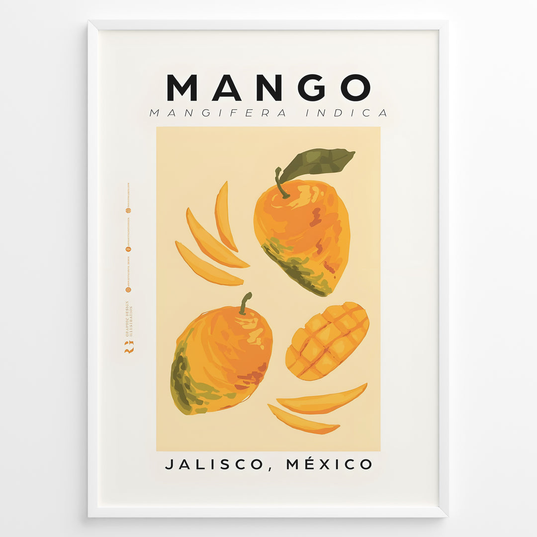Modern mango poster featuring whole and sliced mangoes with “Mango – Jalisco, México” text on a yellow background, framed as tropical kitchen wall art.
