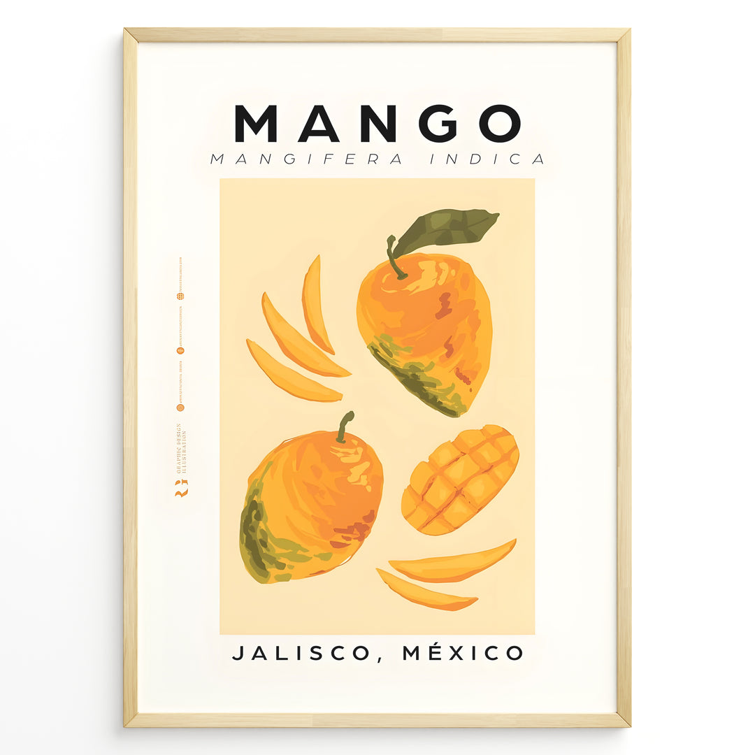 Modern mango poster featuring whole and sliced mangoes with “Mango – Jalisco, México” text on a yellow background, framed as tropical kitchen wall art.