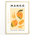 Ladda upp bild till gallerivisning, Modern mango poster featuring whole and sliced mangoes with “Mango – Jalisco, México” text on a yellow background, framed as tropical kitchen wall art.
