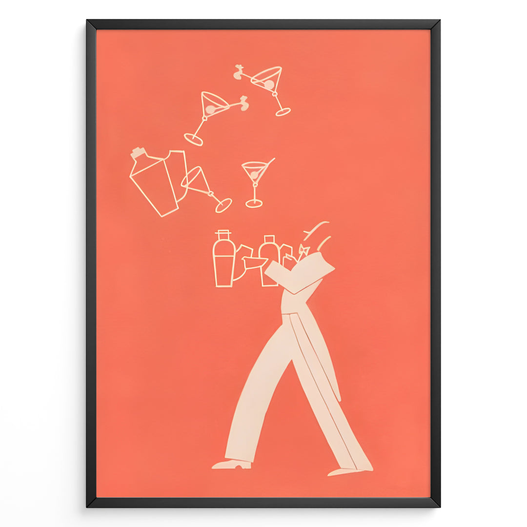 Minimal modern illustration of a bartender juggling cocktail shakers and martini glasses on a coral background, framed as contemporary bar wall art.