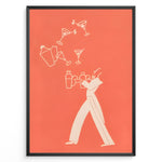 Ladda upp bild till gallerivisning, Minimal modern illustration of a bartender juggling cocktail shakers and martini glasses on a coral background, framed as contemporary bar wall art.
