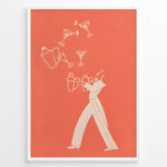 Ladda upp bild till gallerivisning, Minimal modern illustration of a bartender juggling cocktail shakers and martini glasses on a coral background, framed as contemporary bar wall art.

