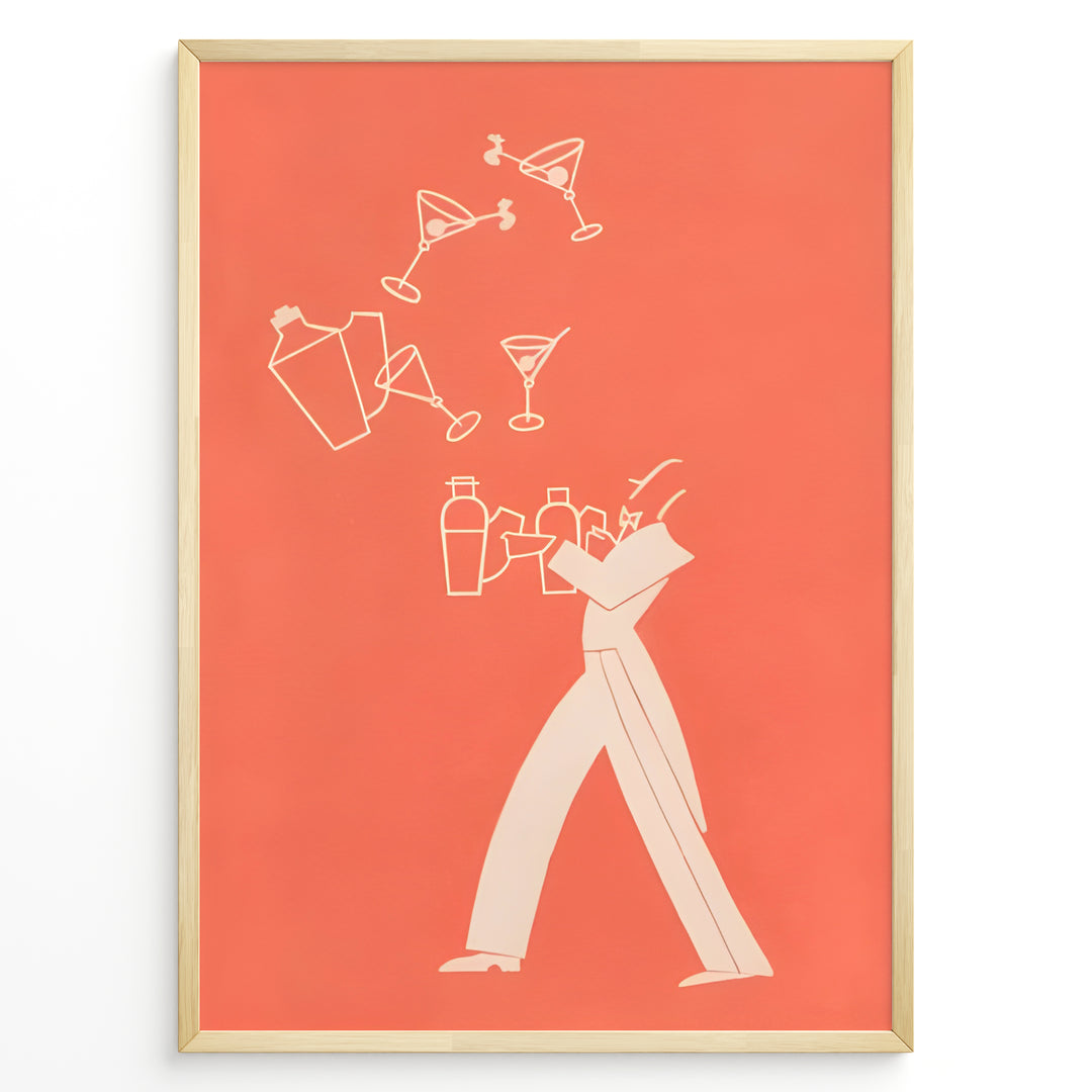 Minimal modern illustration of a bartender juggling cocktail shakers and martini glasses on a coral background, framed as contemporary bar wall art.