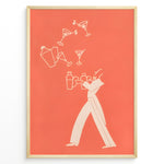 Ladda upp bild till gallerivisning, Minimal modern illustration of a bartender juggling cocktail shakers and martini glasses on a coral background, framed as contemporary bar wall art.
