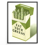 Ladda upp bild till gallerivisning, Illustration of asparagus arranged in a cigarette-style box with the text “Eat Your Greens,” designed as quirky green kitchen wall art.
