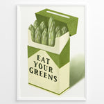 Ladda upp bild till gallerivisning, Illustration of asparagus arranged in a cigarette-style box with the text “Eat Your Greens,” designed as quirky green kitchen wall art.
