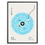 Ladda upp bild till gallerivisning, Minimal Japanese poster of a vinyl record illustrated as water with a surfer and shark silhouettes, stylized tonearm on the side.
