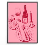 Ladda upp bild till gallerivisning, Pink minimal line-art illustration of a wine bottle, wine glass, candle, lemon slices, and dinner plate in a modern kitchen wall art style.
