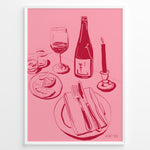 Ladda upp bild till gallerivisning, Pink minimal line-art illustration of a wine bottle, wine glass, candle, lemon slices, and dinner plate in a modern kitchen wall art style.
