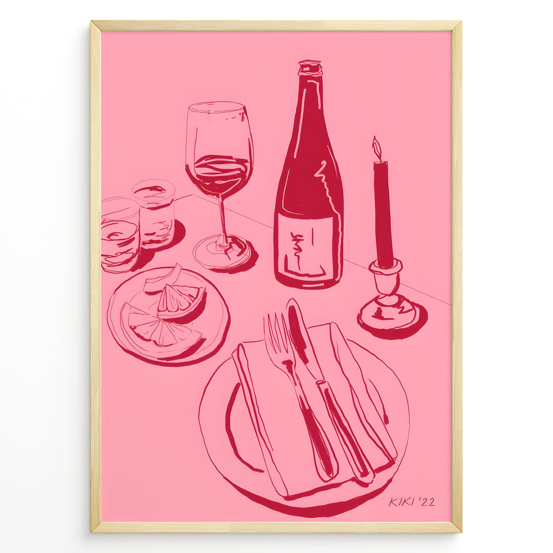 Pink minimal line-art illustration of a wine bottle, wine glass, candle, lemon slices, and dinner plate in a modern kitchen wall art style.